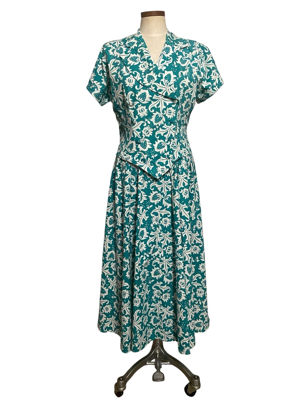 80s Sunshine Starshine Double Breasted Fit-Flare Dress Green White Floral Sz 10